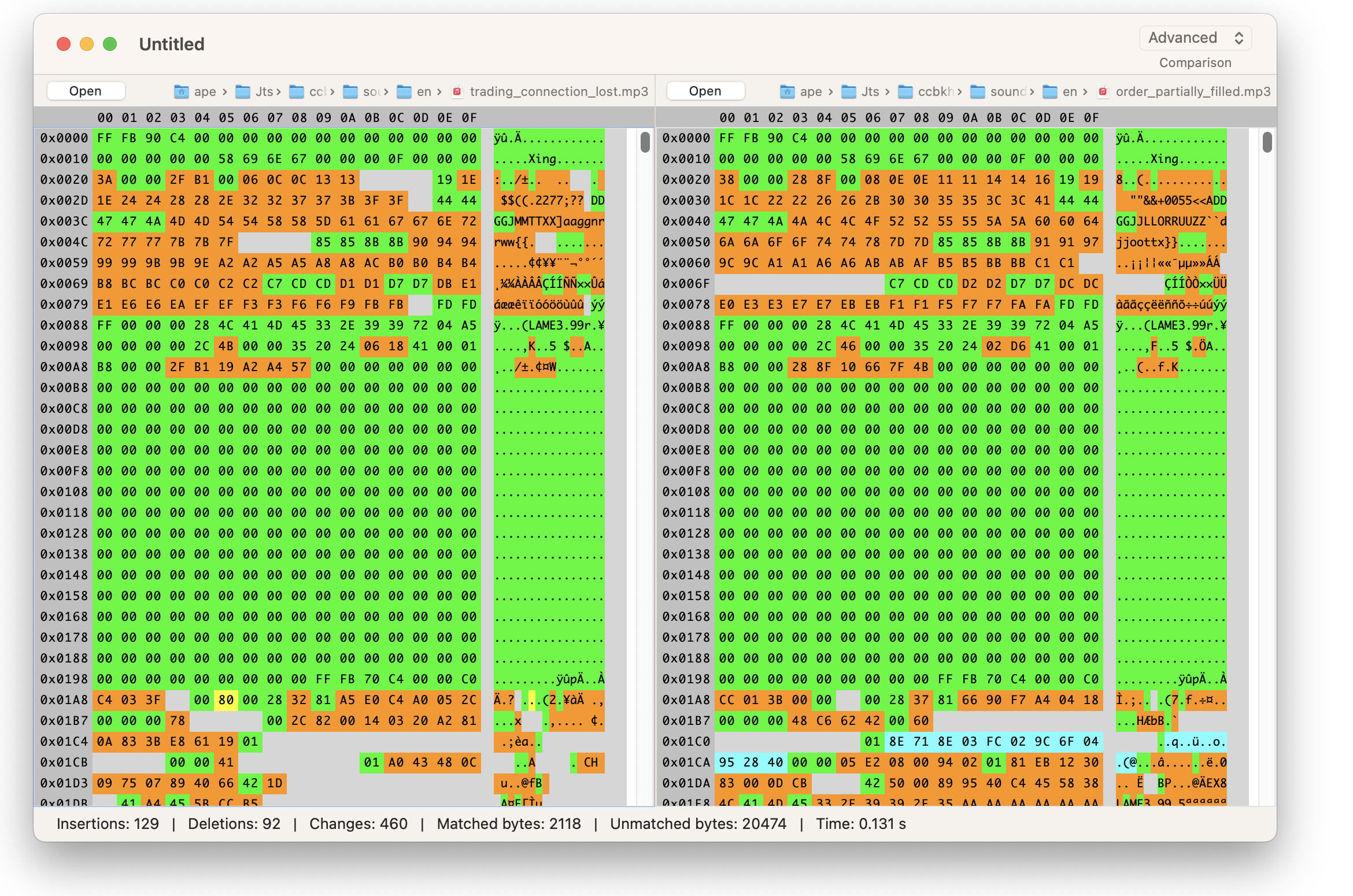 Screenshot of binary file comparison