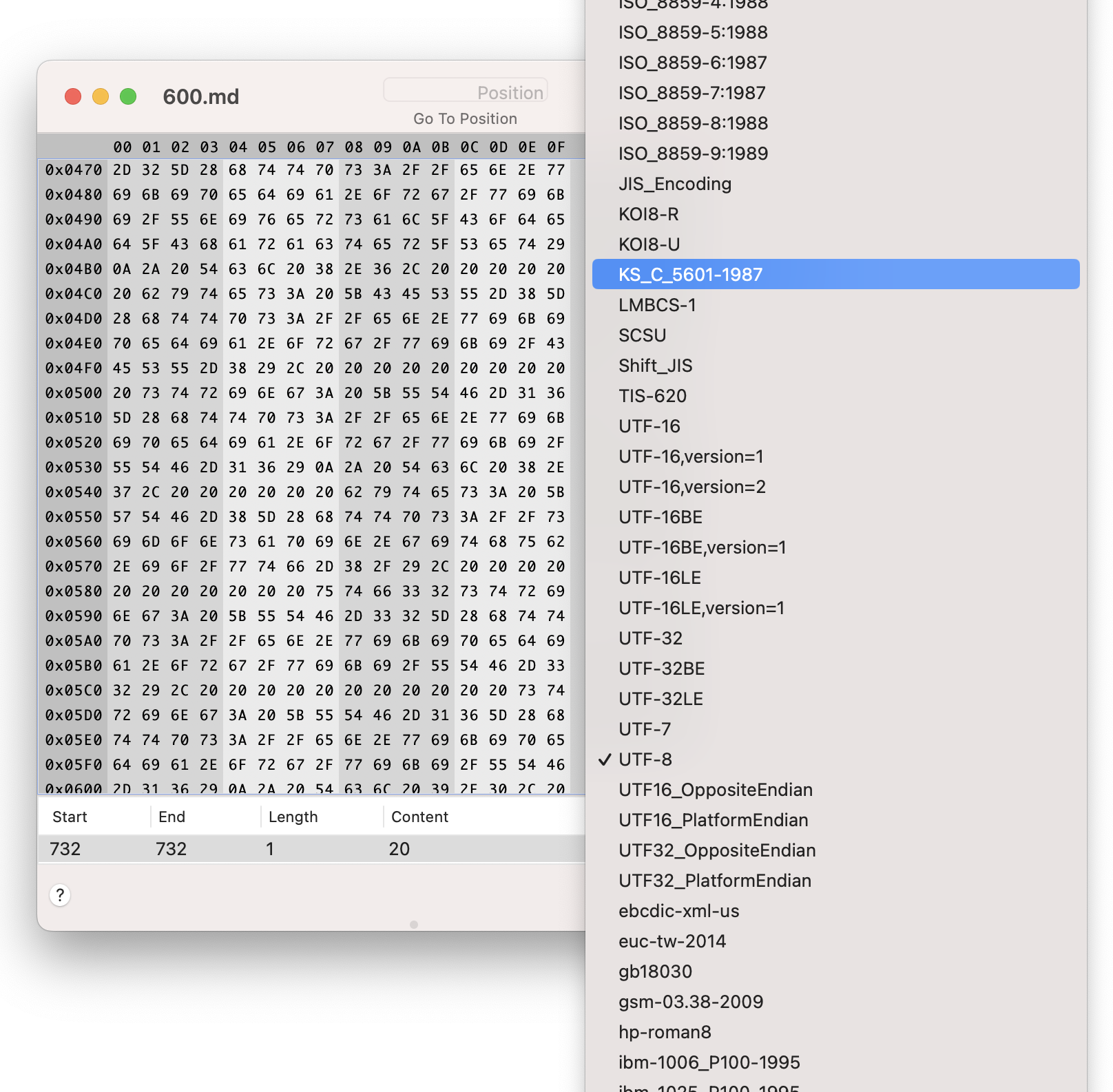 Screenshot of text encoding selection